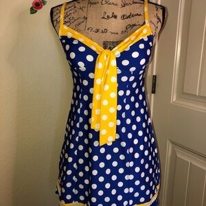 Rare Betsey Johnson Swim Dress/ Coverup in Blue White & Yellow Polka Dot Sz S